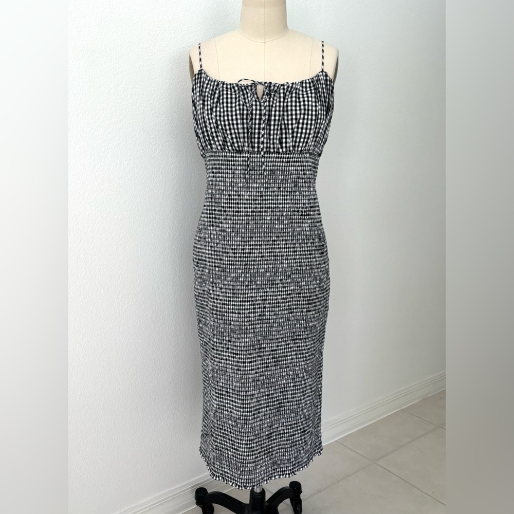 J Crew Smocked Tie-Front Dress In Gingham NWT Black & White Cotton Bodycon 16